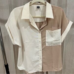 Shein Colorblock Short Sleeve Collared Shirt with Front Pocket - Beige US medium